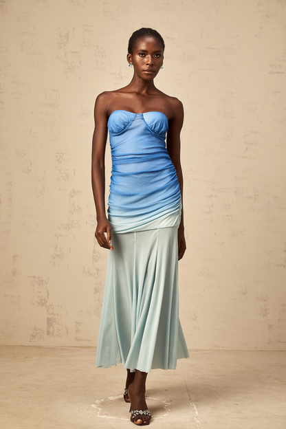 Océane blue gradient mesh midi dress