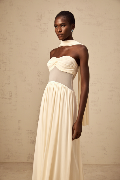 Héloïse neutrals scarf-design mesh midi dress