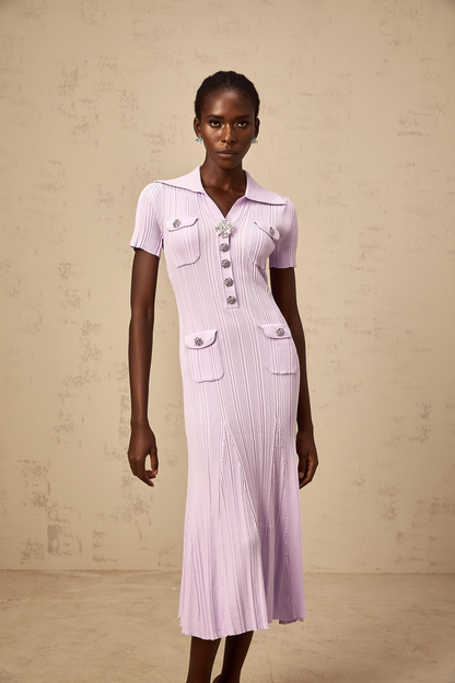 Céleste purple flared-hem rib-knit midi dress
