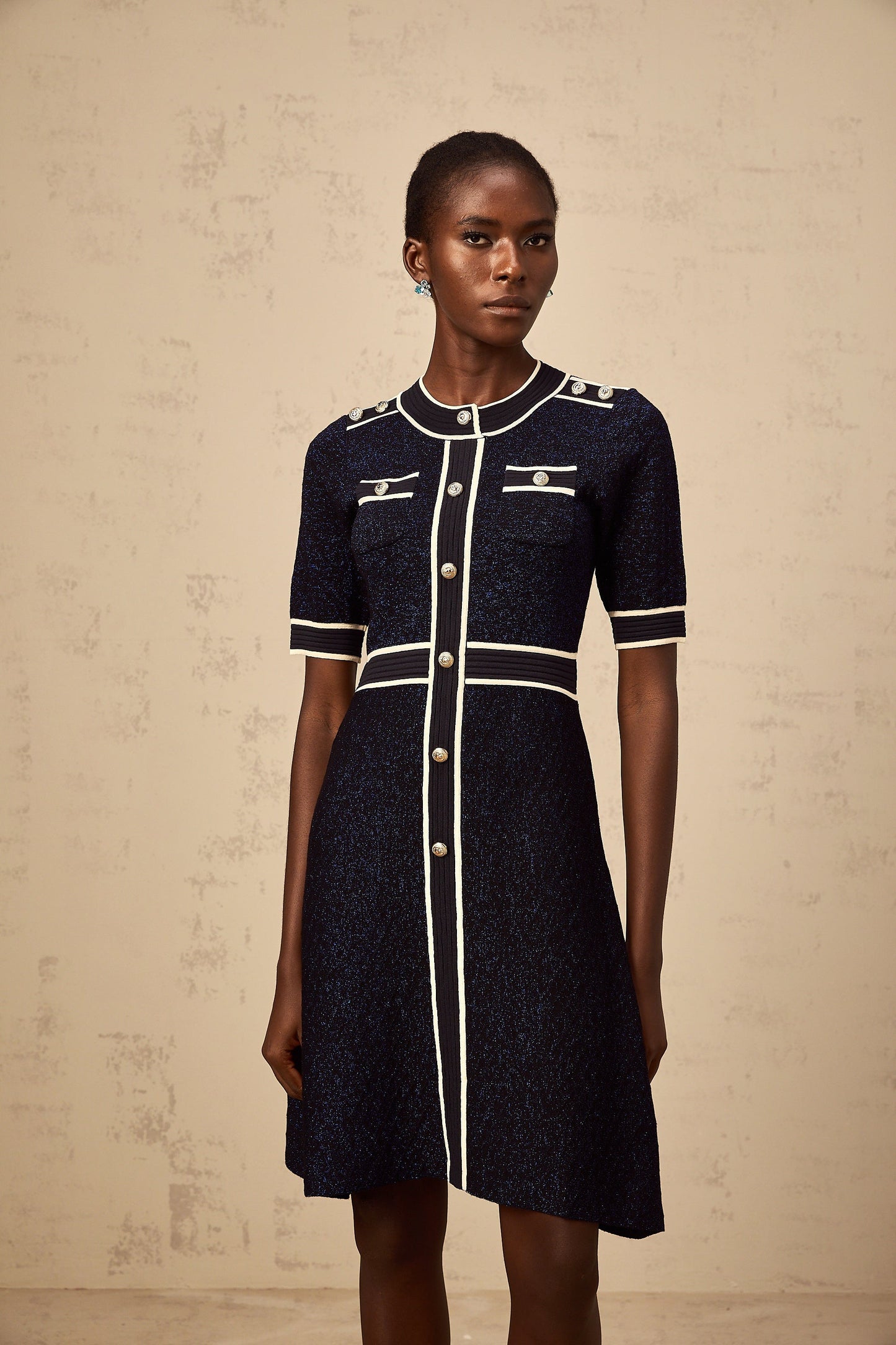Paulette navy-blue glitter knit mini dress