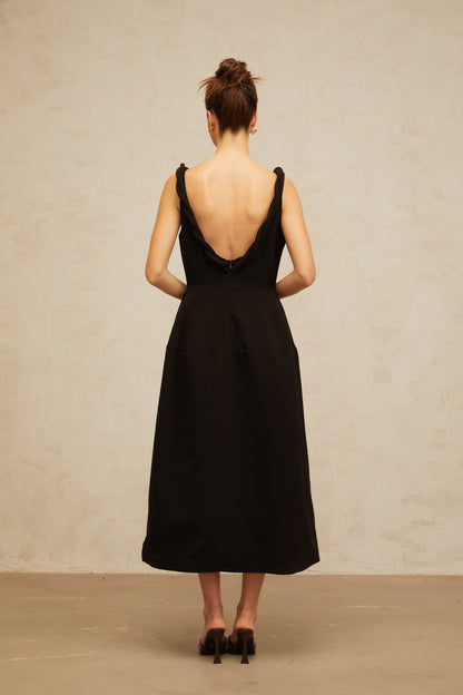 Hermine black braided puff midi dress