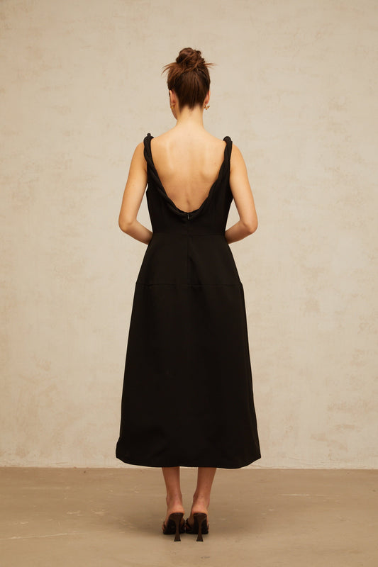Hermine black braided puff midi dress