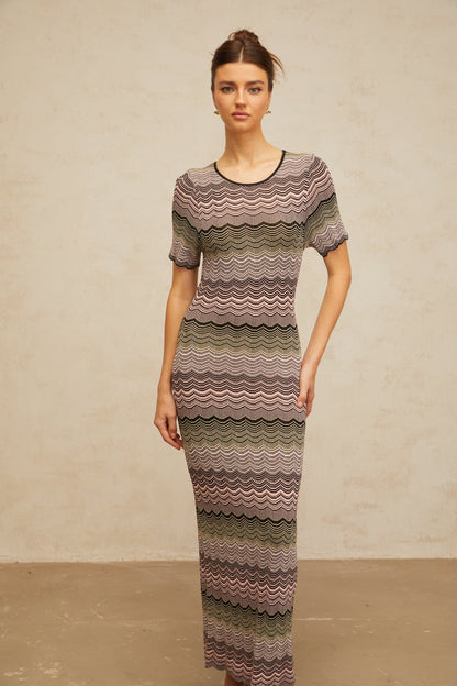 Louane pink wavy-crochet knit maxi dress