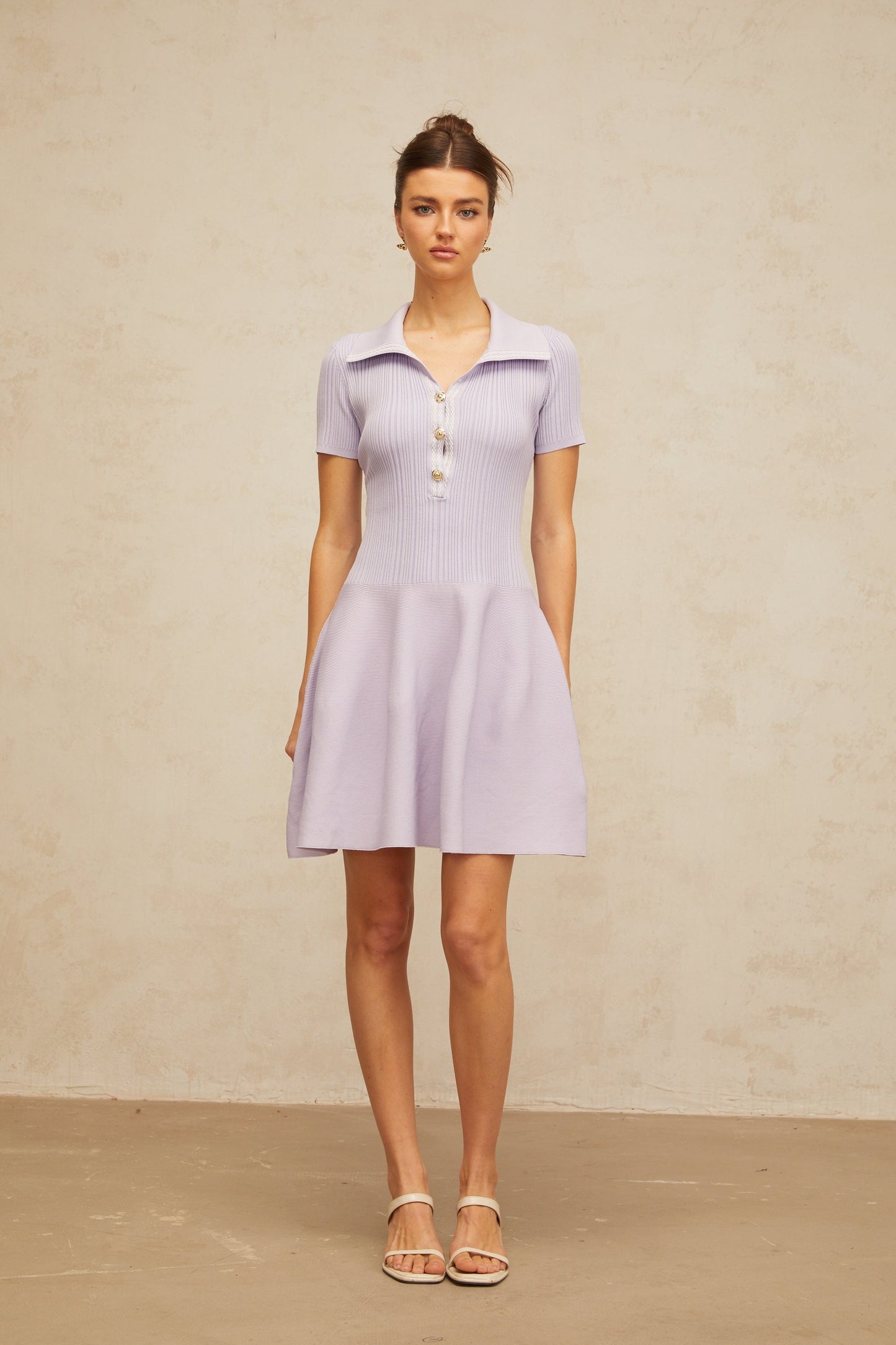 Vanessa lilac shirred flared knit mini dress
