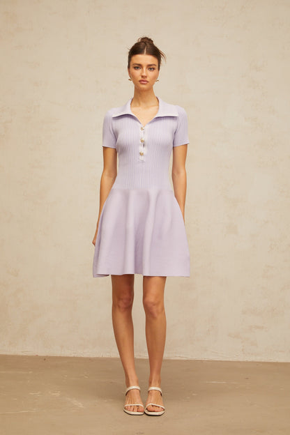 Vanessa lilac shirred flared knit mini dress
