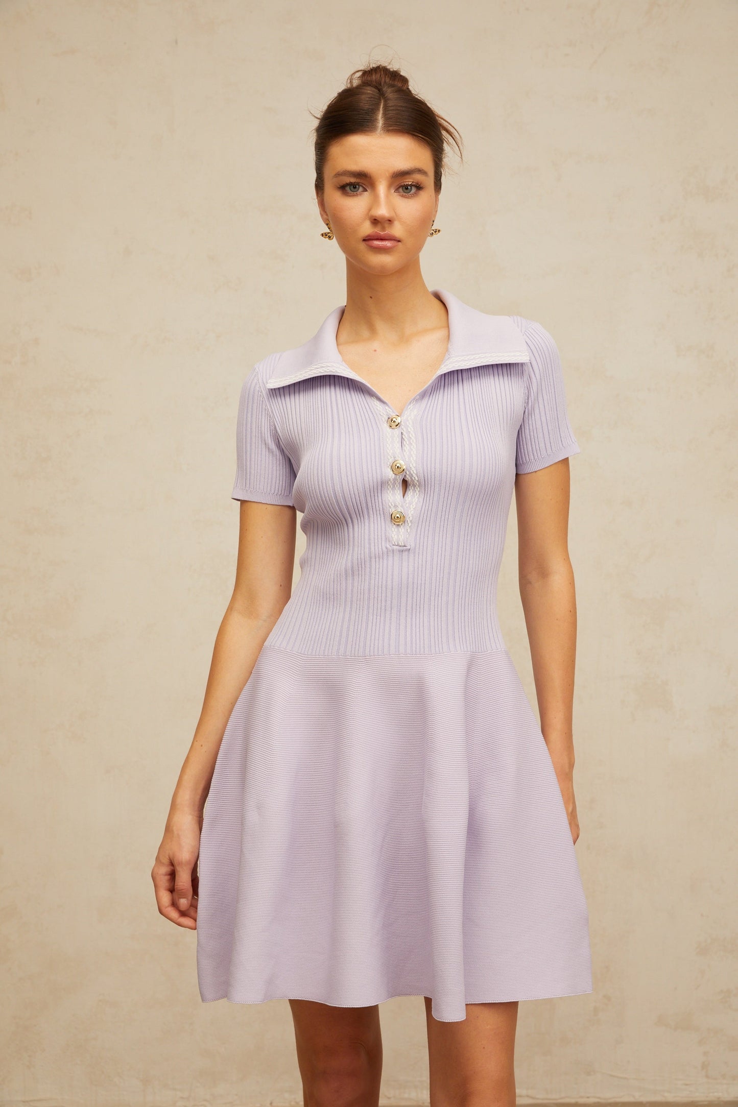 Vanessa lilac shirred flared knit mini dress
