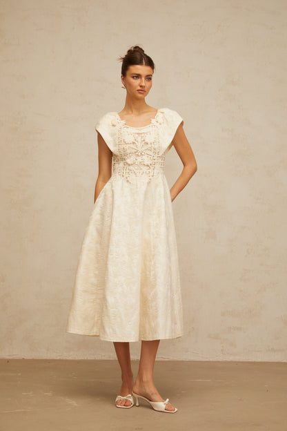 Xenia neutrals floral-embroidered embellished midi dress