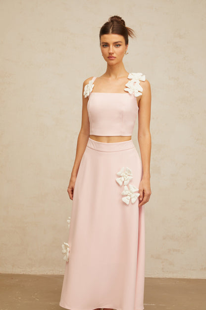 Uxue pink floral-appliqué top & skirt matching set