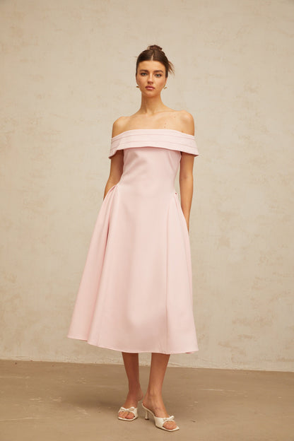 Zélie pink off-shoulder pleated midi dress