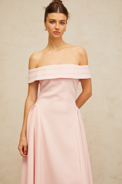 Zélie pink off-shoulder pleated midi dress