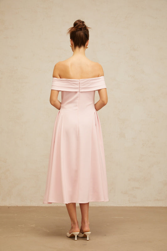 Zélie pink off-shoulder pleated midi dress