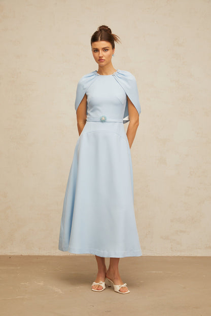 Lina blue shawl-panel embellished midi dress