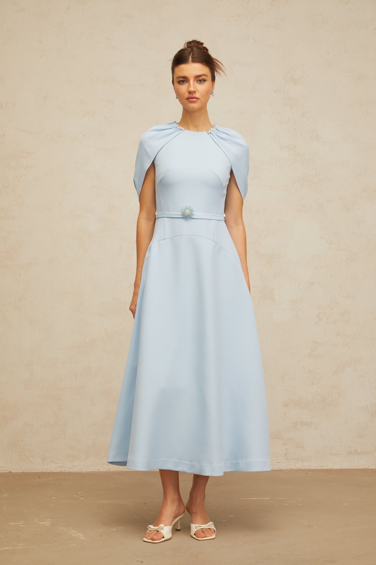 Lina blue shawl-panel embellished midi dress