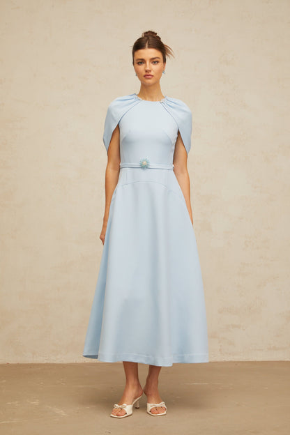 Lina blue shawl-panel embellished midi dress