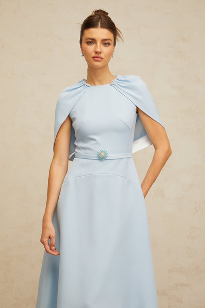 Lina blue shawl-panel embellished midi dress