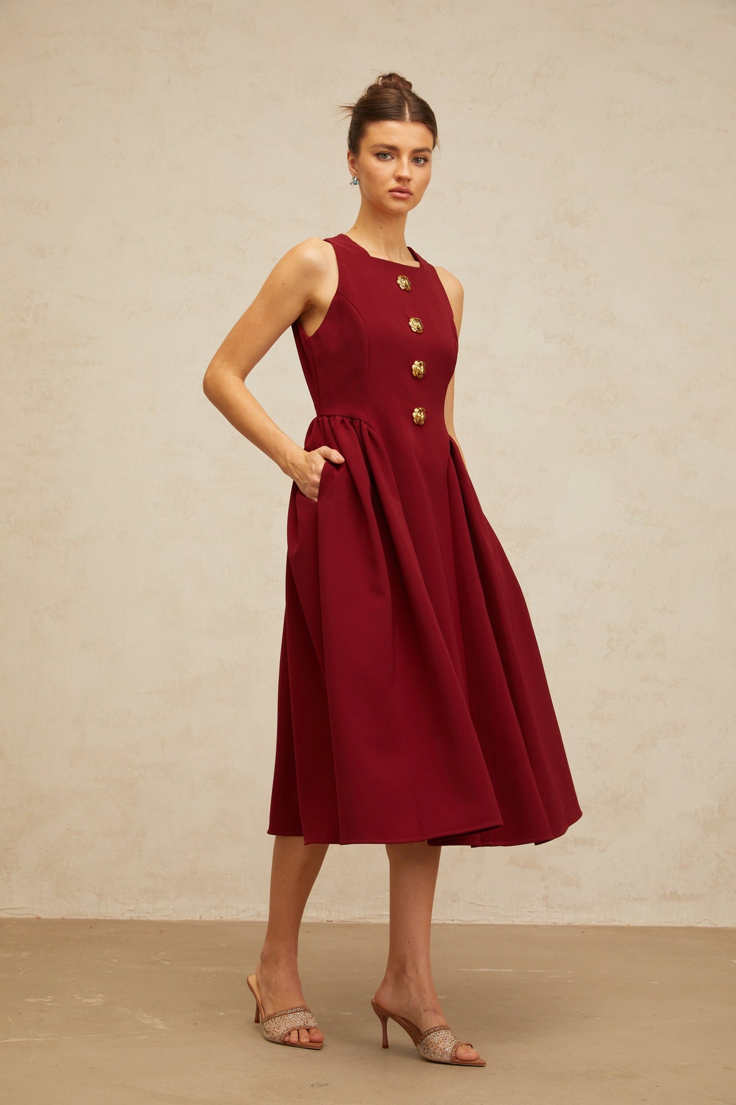 Amandine red flower-motif pleated midi tank dress