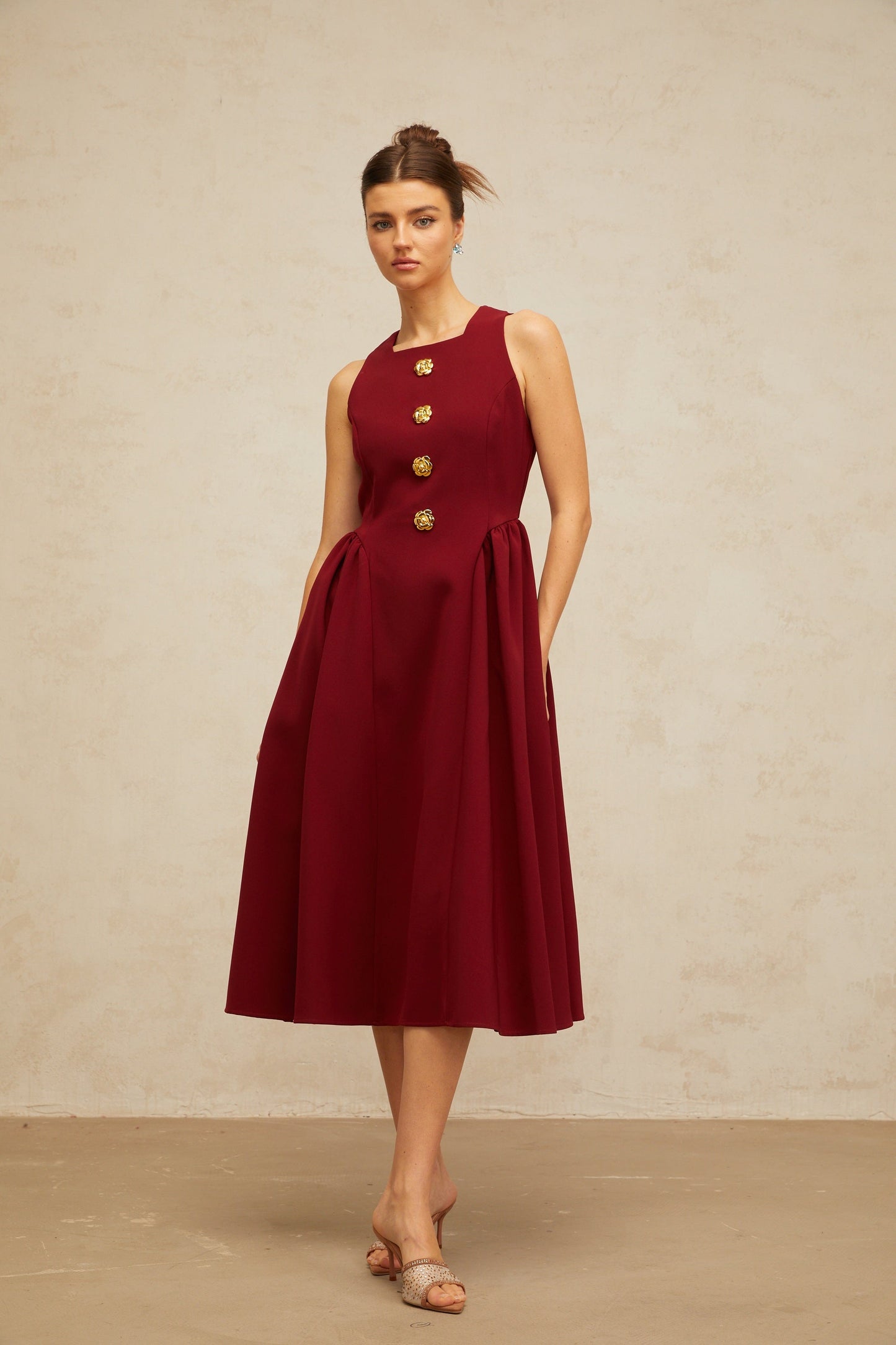 Amandine red flower-motif pleated midi tank dress