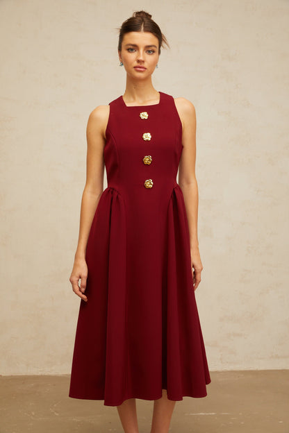Amandine red flower-motif pleated midi tank dress