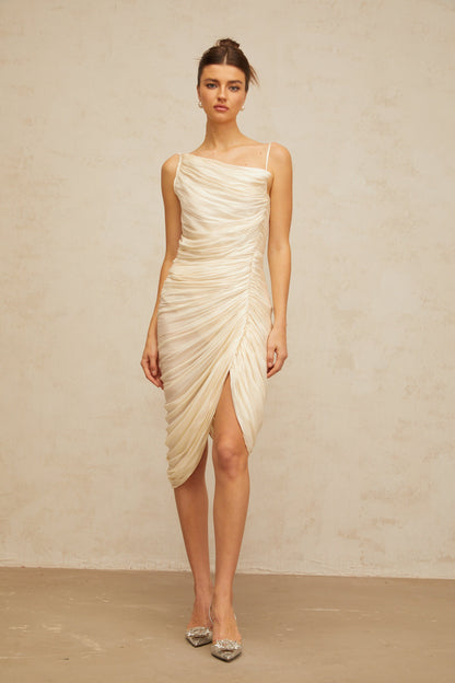 Lison glossy ruched midi dress in Light-yellow
