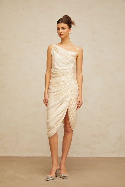 Lison glossy ruched midi dress in Light-yellow