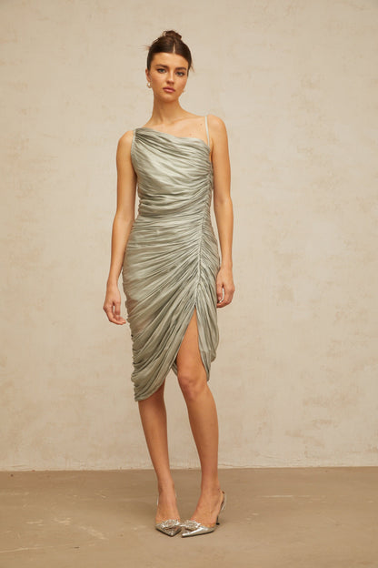 Lison glossy ruched midi dress in Grayish-green