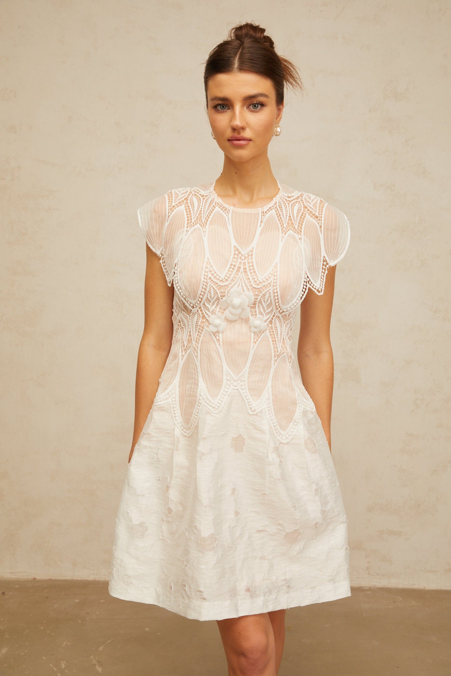 Clémence white 3D-petal corded-lace mini dress