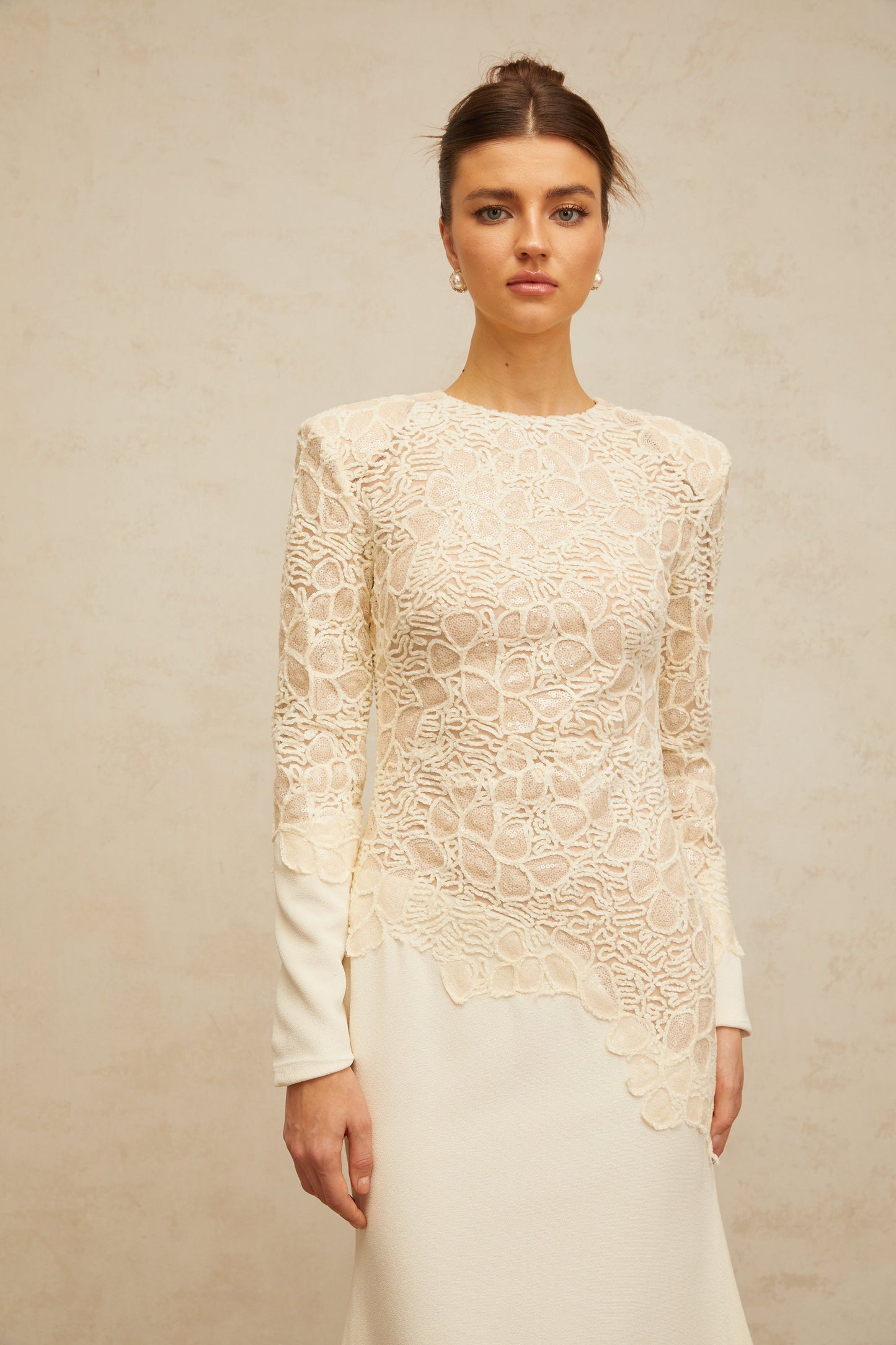 Mathilde off-white textured floral-embroidered sequined maxi dress