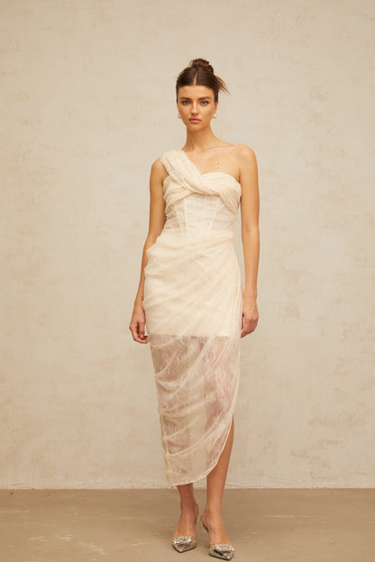 Pétunia gathered tulle-panel floral-lace midi dress