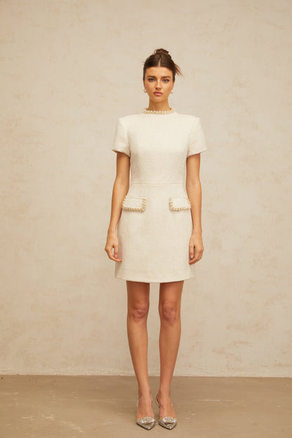 Jeanne white embellished tweed mini dress