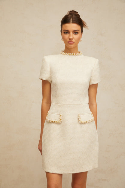 Jeanne white embellished tweed mini dress