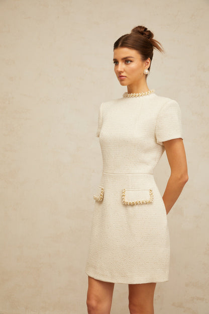 Jeanne white embellished tweed mini dress
