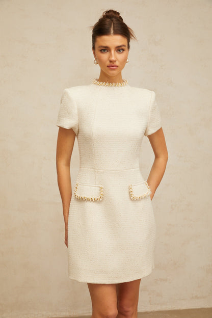 Jeanne white embellished tweed mini dress