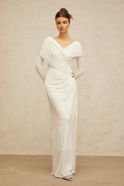 Hélène ruched fitted stretch maxi dress in White