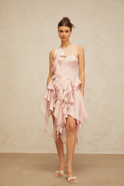 Calliopée pink asymmetrical ruffled panelled top & skirt matching set