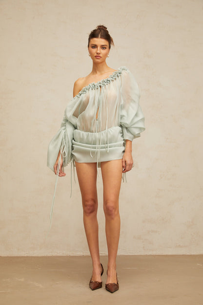 Béryl light-green ruffled-trim ruched mini dress