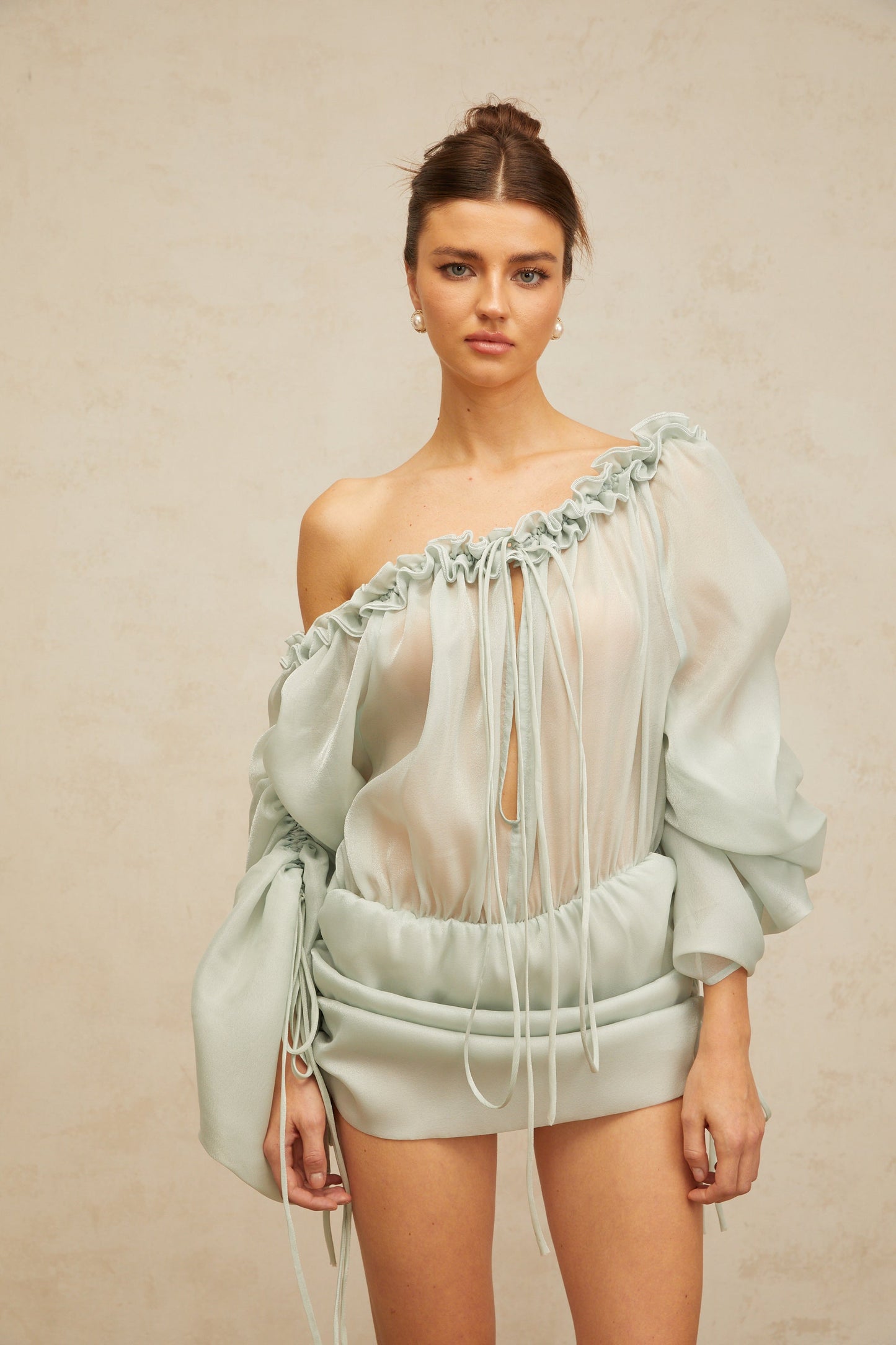 Béryl light-green ruffled-trim ruched mini dress