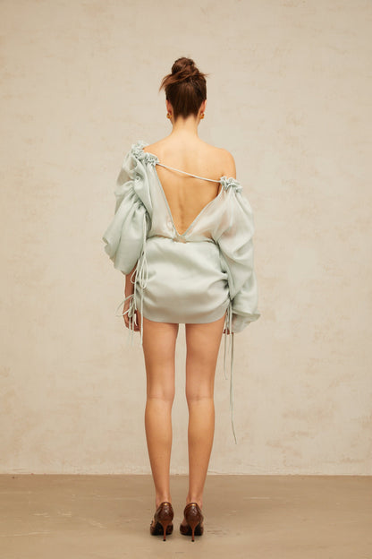 Béryl light-green ruffled-trim ruched mini dress