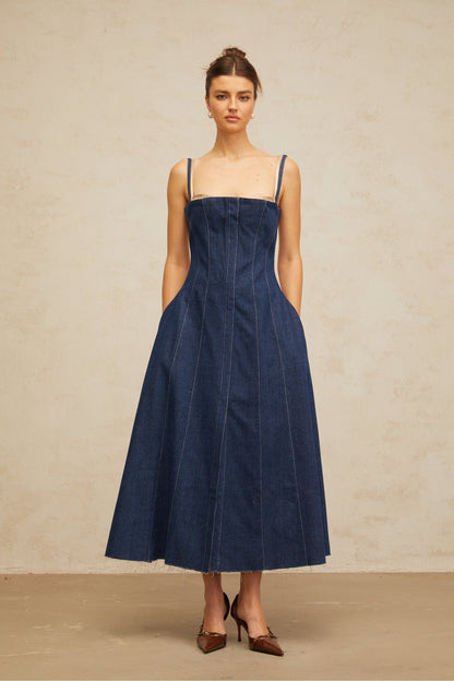 Uralie indigo-blue panelled denim midi dress
