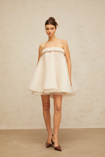 Violette white braid-detail puff mini dress
