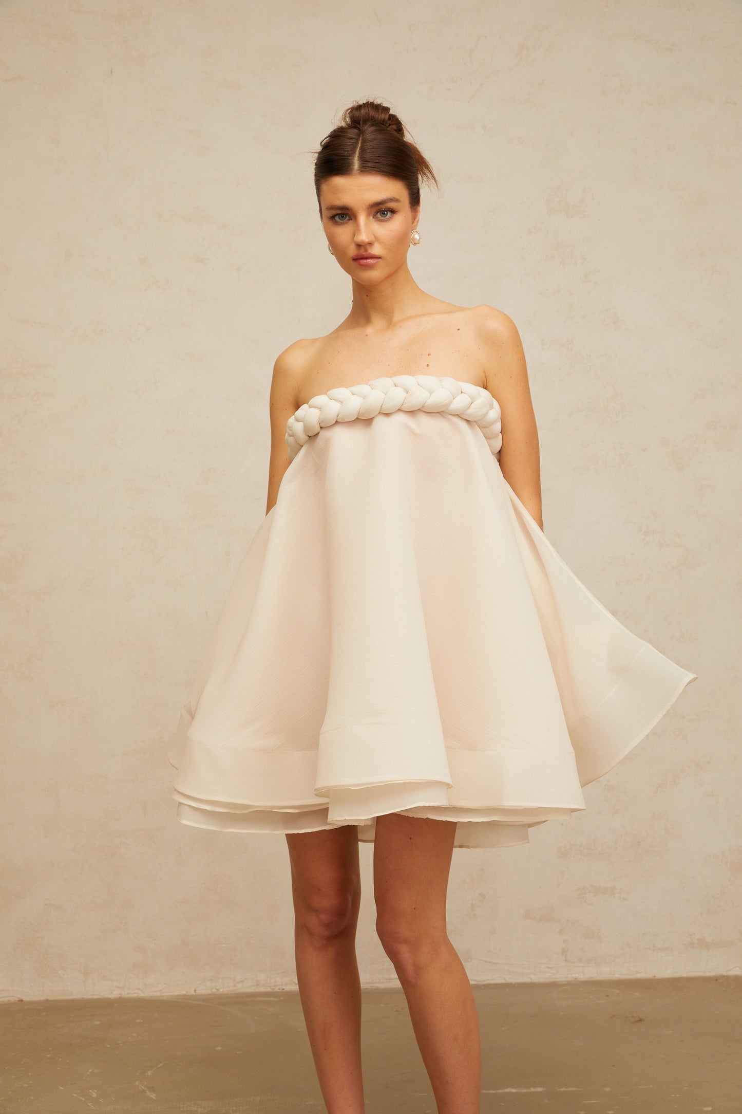 Violette white braid-detail puff mini dress