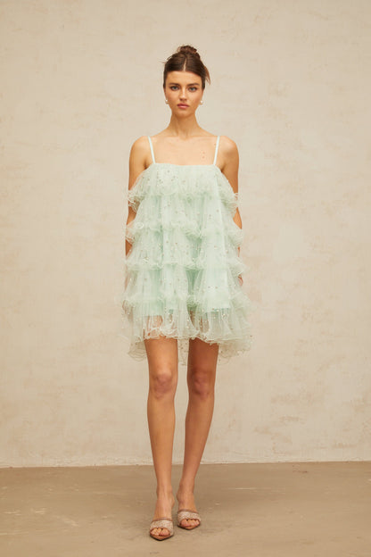 Airelle light-green embellished tiered tulle mini dress