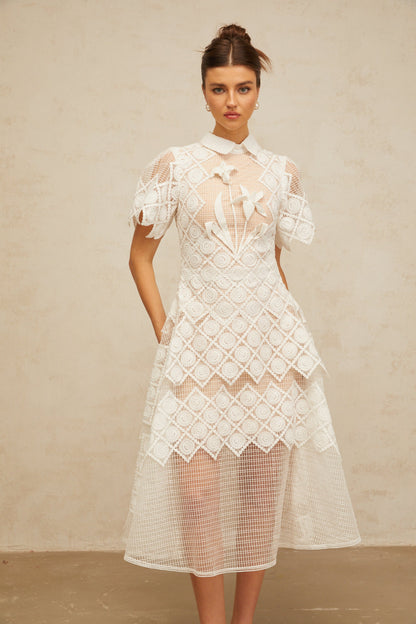 Yasmine white floral-embroidered midi dress