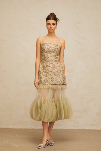Mathilde green embroidered panelled midi dress
