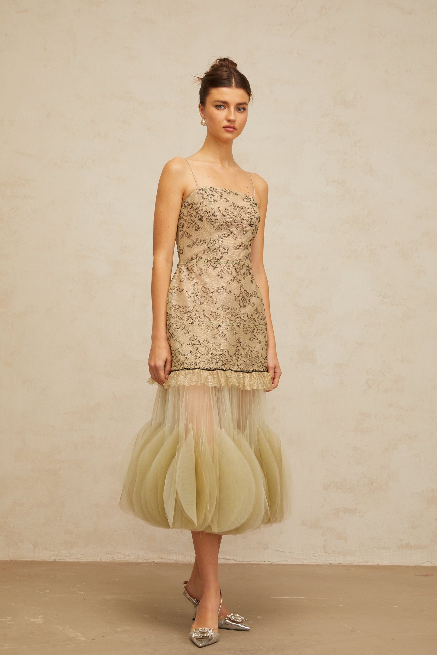 Mathilde green embroidered panelled midi dress