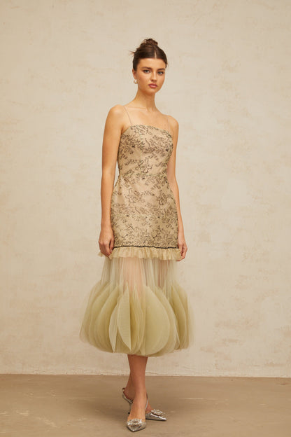 Mathilde green embroidered panelled midi dress