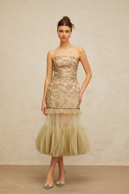 Mathilde green embroidered panelled midi dress