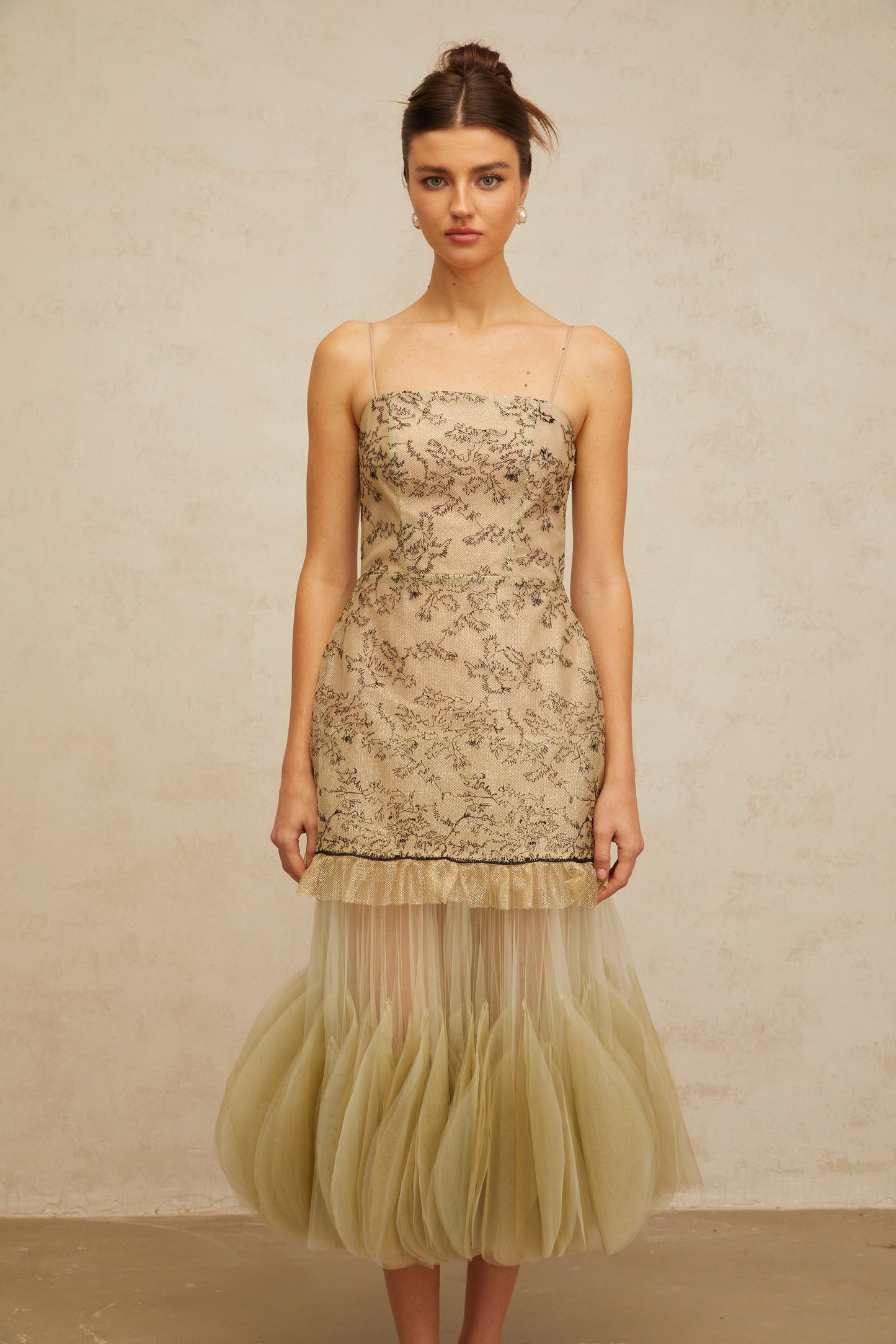 Mathilde green embroidered panelled midi dress
