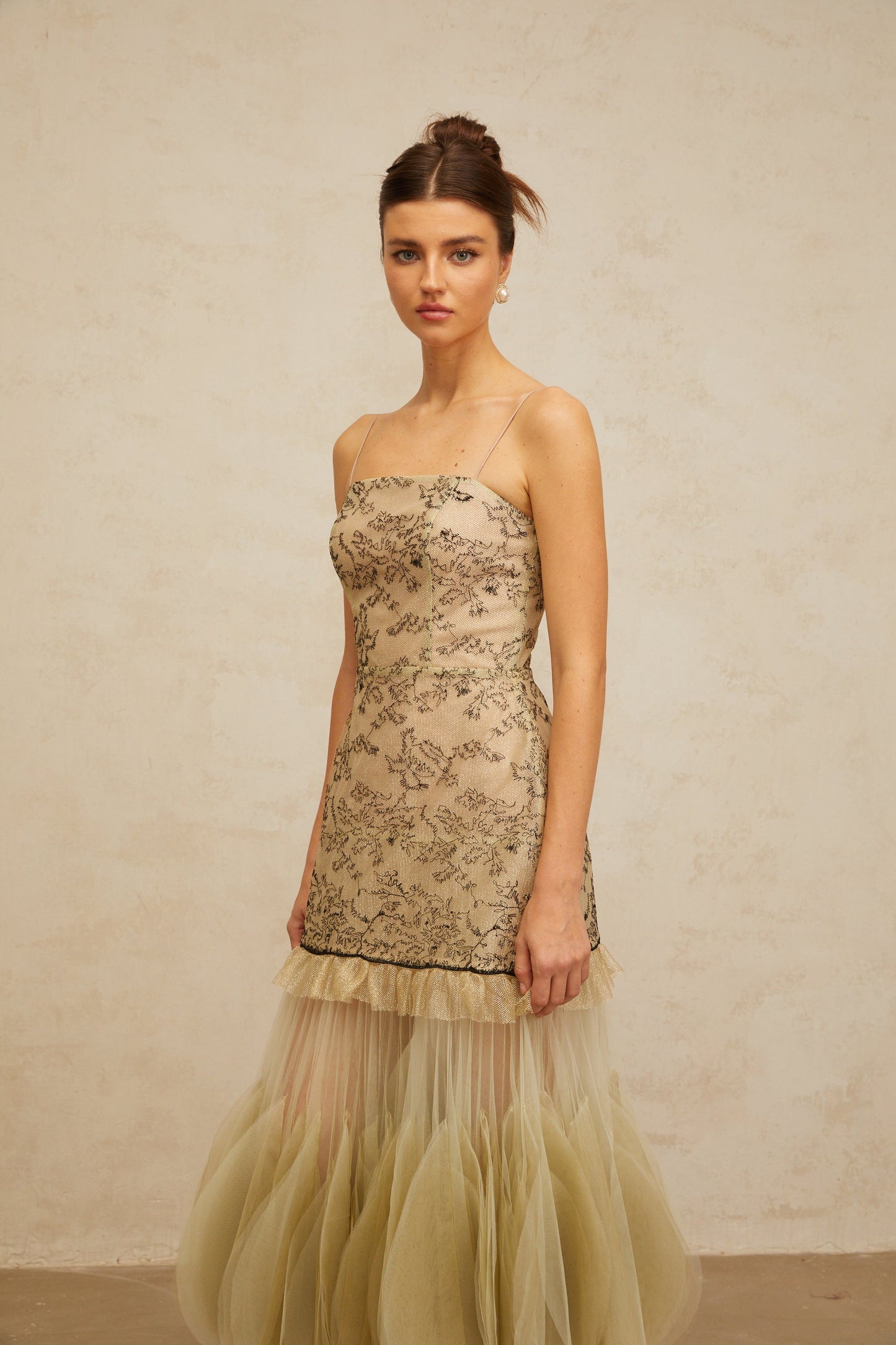 Mathilde green embroidered panelled midi dress