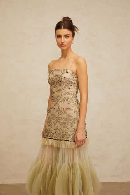 Mathilde green embroidered panelled midi dress
