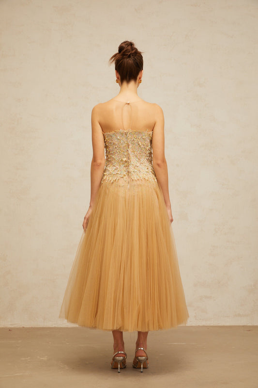 Aurore neutrals pleated sequined tulle midi dress